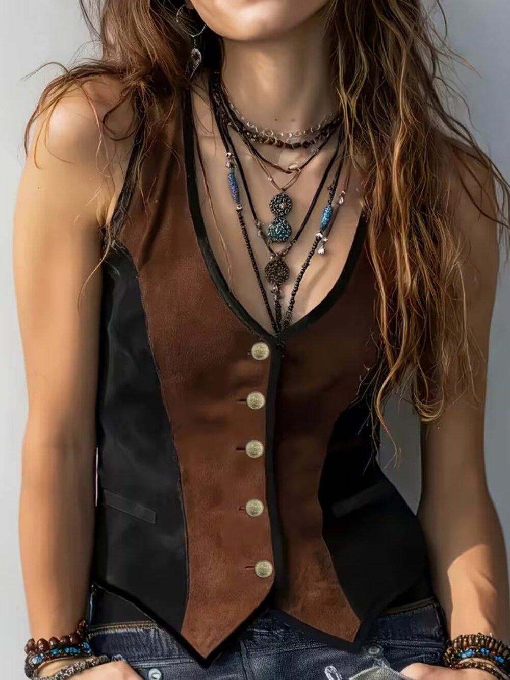 NWT Faux Suede Colorblock Vest Waistcoat Pointed Hem Two Tone Boho Size 14